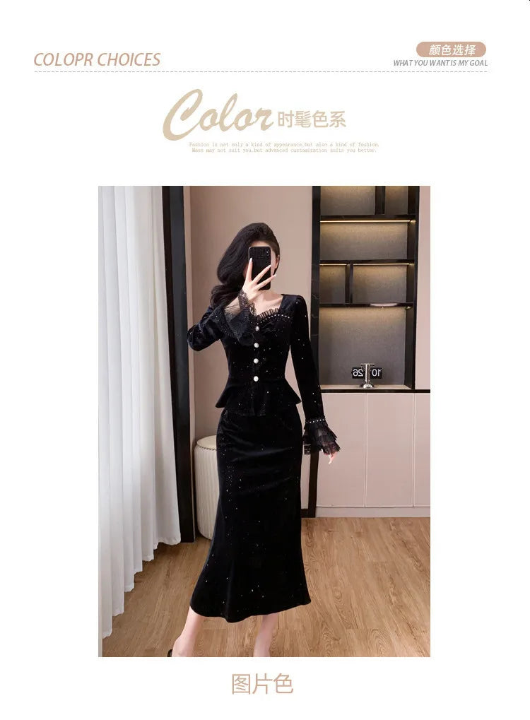 VigoAnne 2025 Black Long Sleeve Top And High Waist Korean Skirt 2 Piece Sets Woman Spring Autumn Velvet Long Dress Suit Ladies.