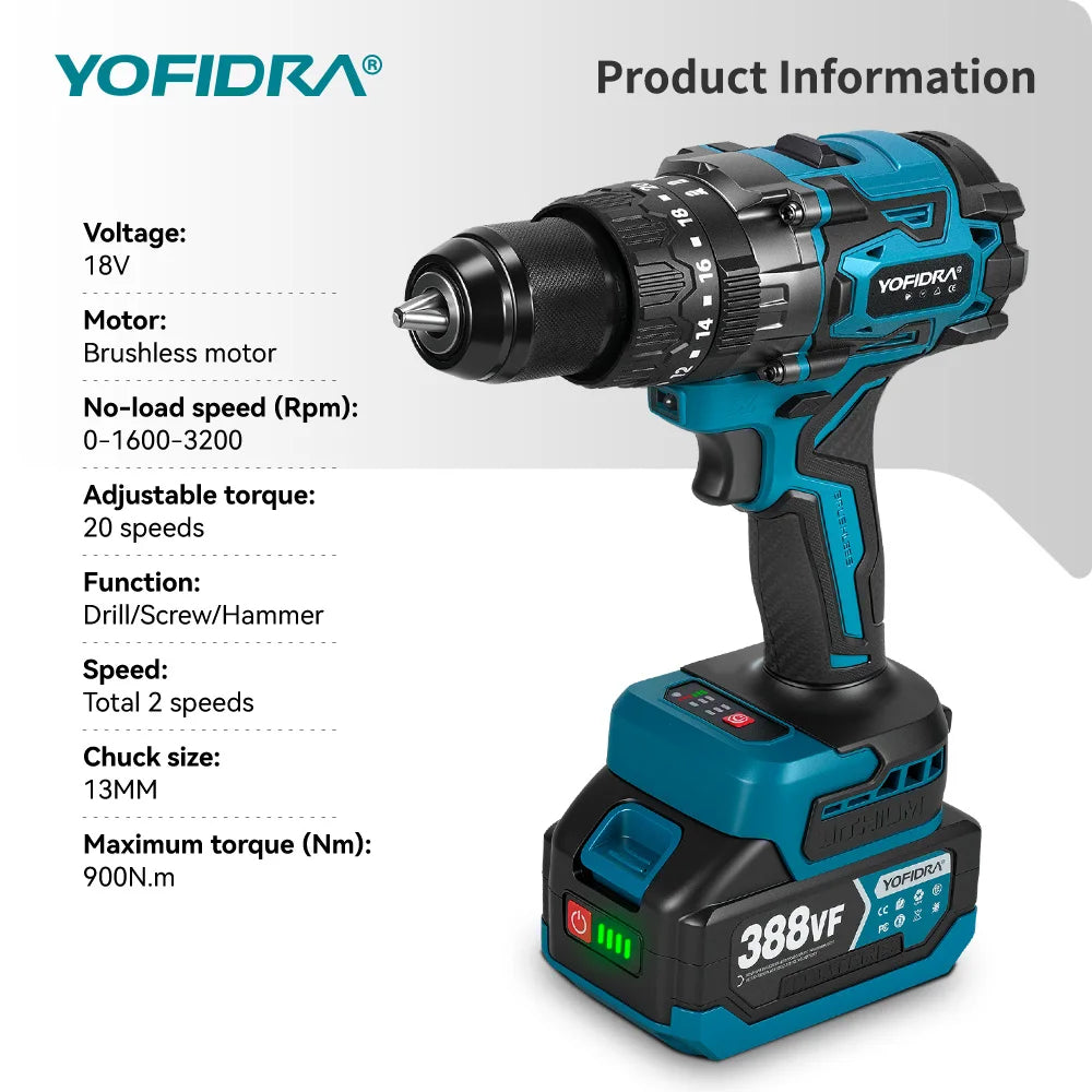 YOFIDRA 900N.M 13MM Bürstenlosen Elektrischen Schlagbohrmaschine 20 + 3 Drehmoment Handheld Bohren Schraubendreher Power Tool Für Makita Batterie pin