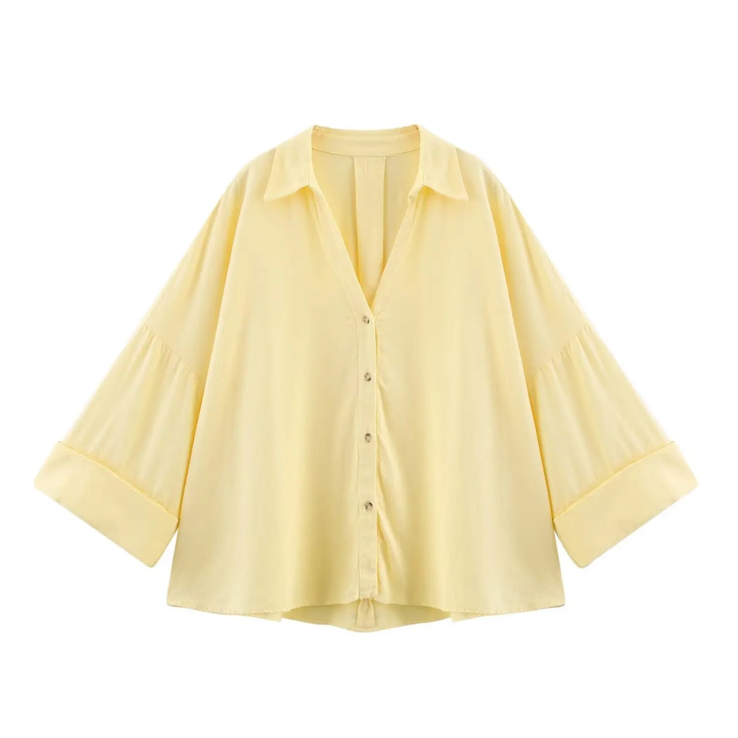 Summer Women's Curled Wide Sleeves Linen Blended Striped Asymmetric Casual Shirt Versatile Collar Linen Blended Printed Shirt.