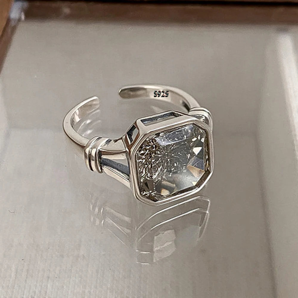 PANJBJ 925 Sterling Silver Geometry Crystal Ring For Women Ellipse Exaggerated Punk Water Drop Open Jewelry Gift Dropshipping.
