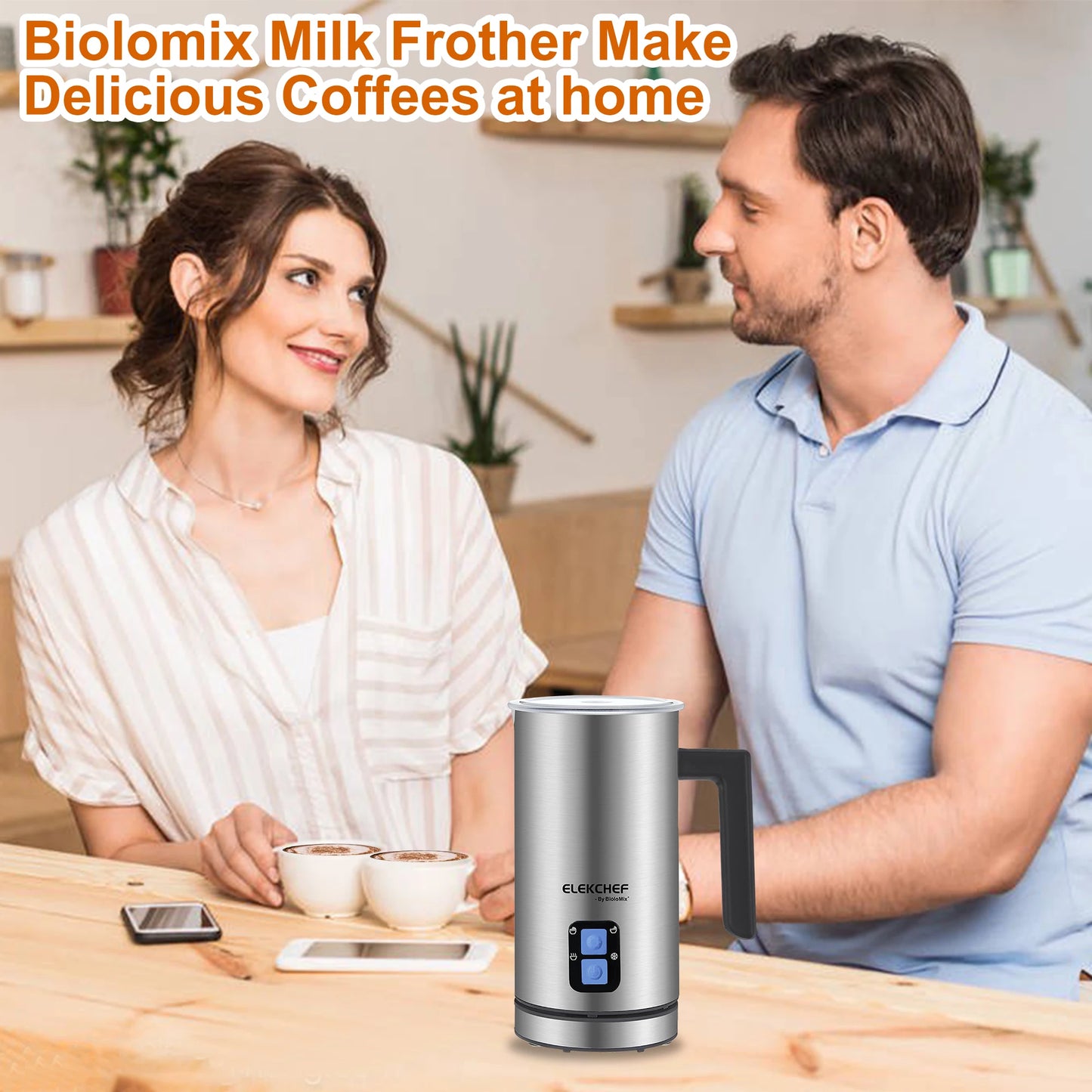 BioloMix Upgraded 4 in 1 Coffee Milk Frother Frothing Foamer Automatic Milk Warmer Cold/Hot Latte Cappuccino Chocolate.
