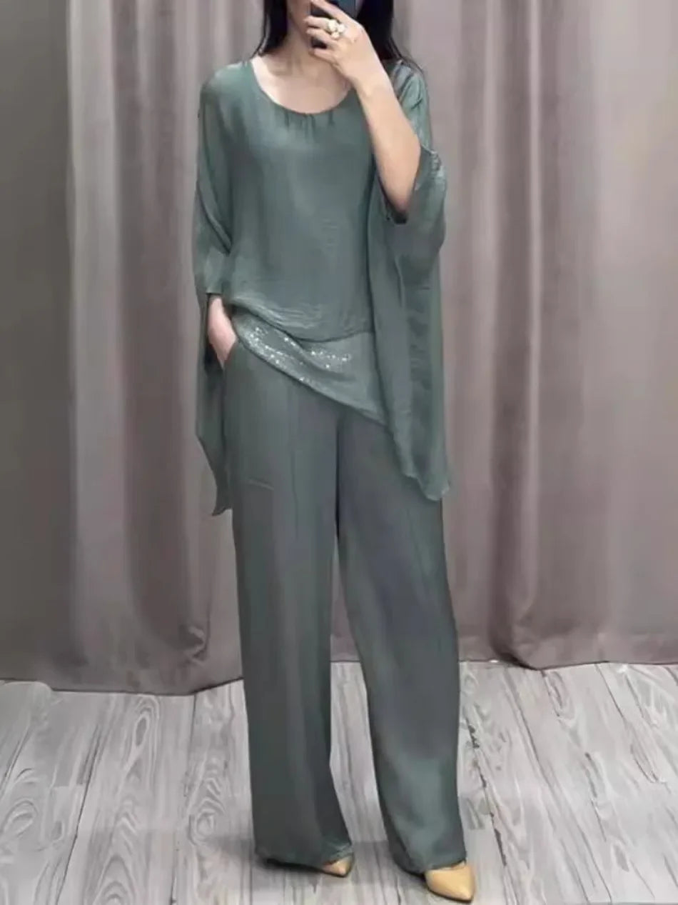 Fashion 2 Piece Set Party Outfits New Spring Summer Elegant Women's Suit Casual Bat Wing Sleeve Blouse Top with Wide Leg Pants.