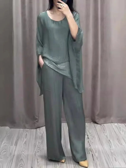 Fashion 2 Piece Set Party Outfits New Spring Summer Elegant Women's Suit Casual Bat Wing Sleeve Blouse Top with Wide Leg Pants.