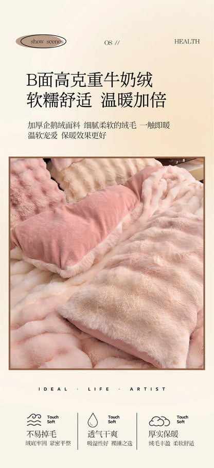 2024 new light luxury rabbit velvet four-piece set thickened warm milk velvet rabbit hair tie-dye bed sheet quilt cover.