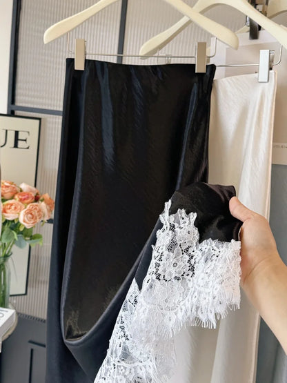 Satin Lace Patchwork Midi Skirt 2025 Women A-line Elegant Smooth Skirt Women Clothing.