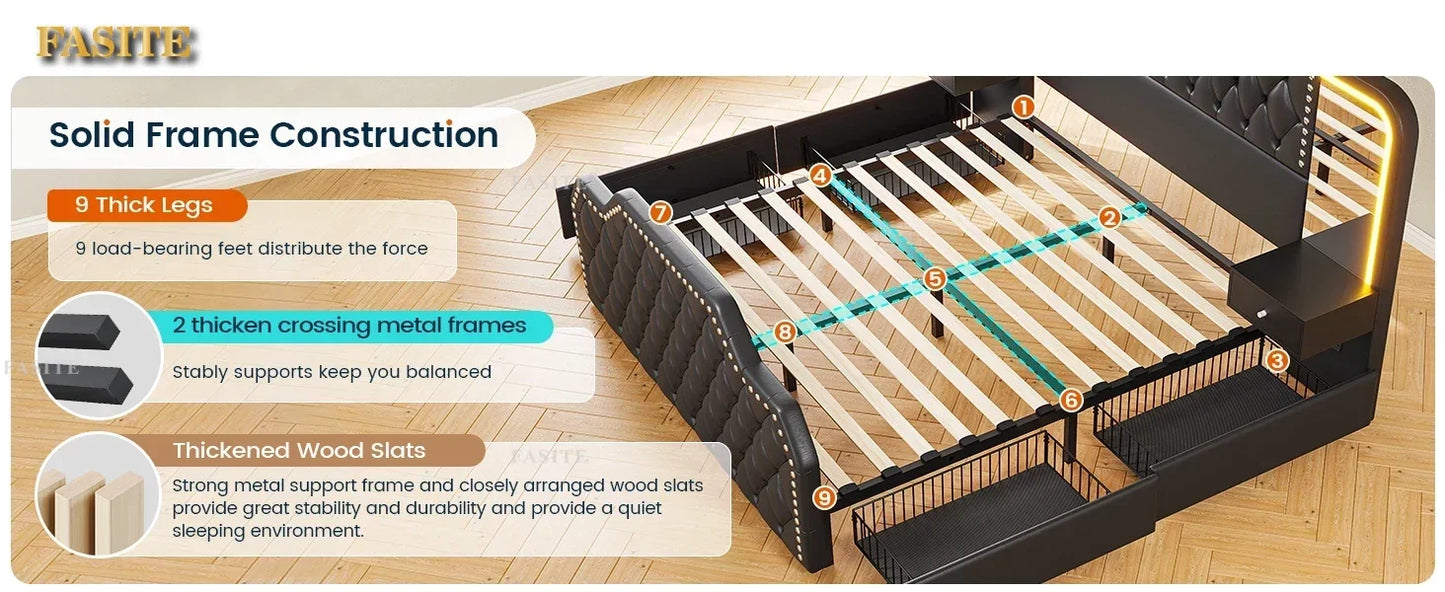 Gepolsterter Queensize-Bettrahmen aus PU-Leder mit tiefem, getuftetem Kopfteil und Kopfteilen für Schlafzimmer, schwarzer Plattform-Bettrahmen