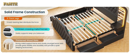 Gepolsterter Queensize-Bettrahmen aus PU-Leder mit tiefem, getuftetem Kopfteil und Kopfteilen für Schlafzimmer, schwarzer Plattform-Bettrahmen