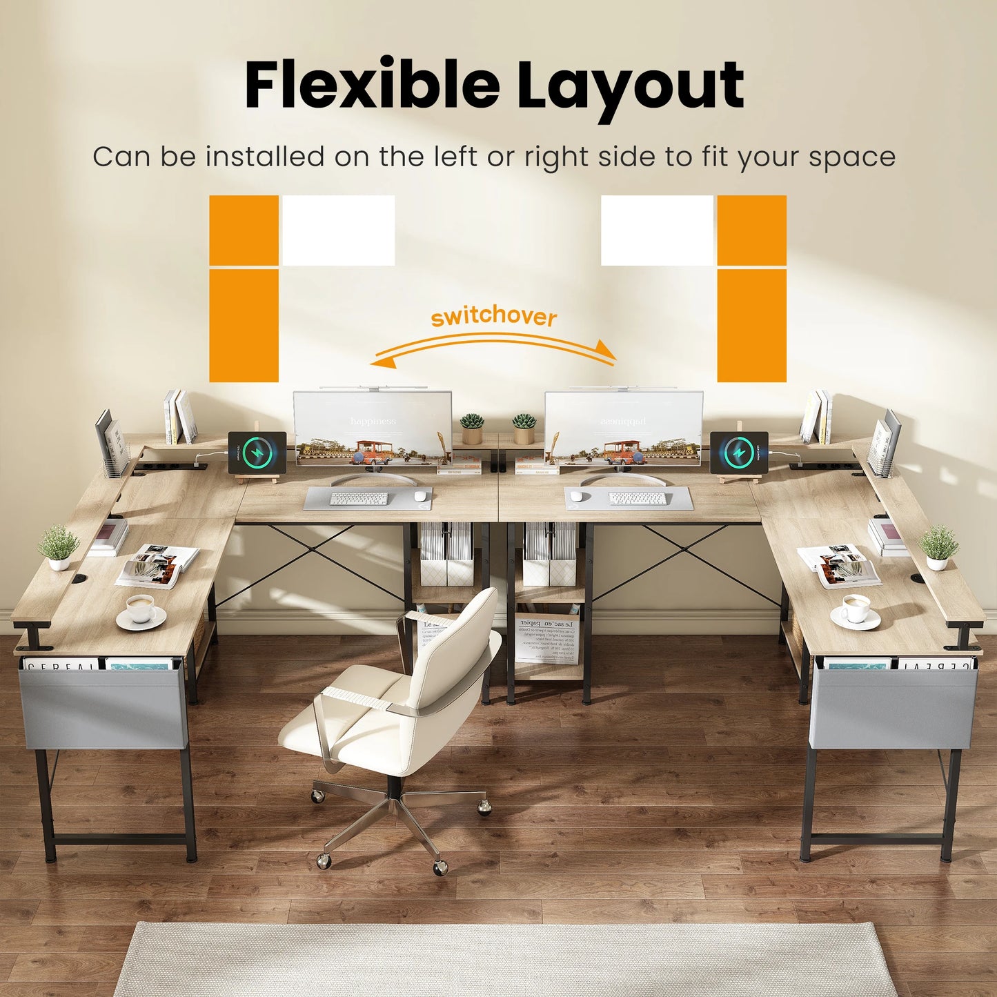 Großer Eckschreibtisch L-Form mit Regal, Monitorständer, Ablage, flexibel montierbar, Beige