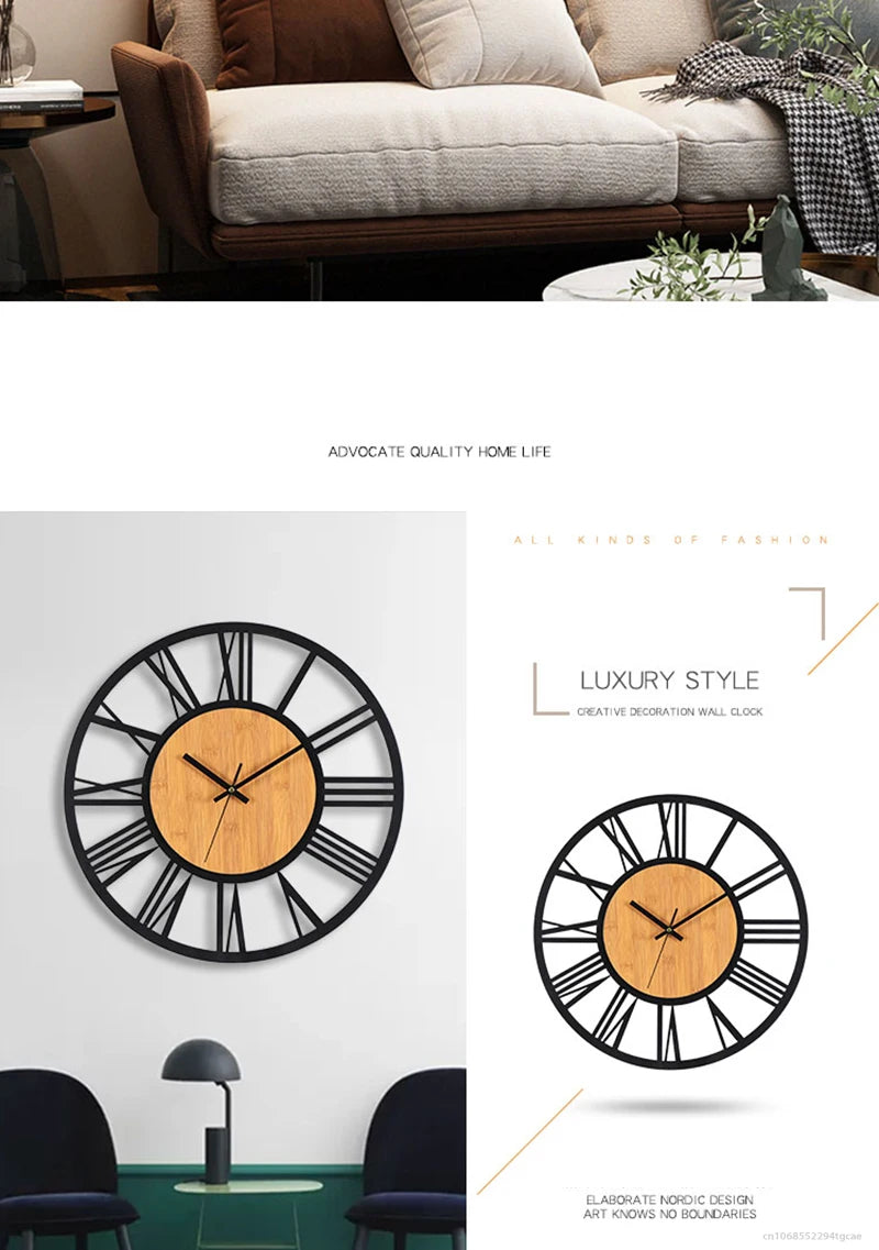 3D Große Wanduhren Nordic Römischen Ziffern Retro Runde Holz Metall Eisen Genaue Stille Hängende Ornament Wohnzimmer Dekoration