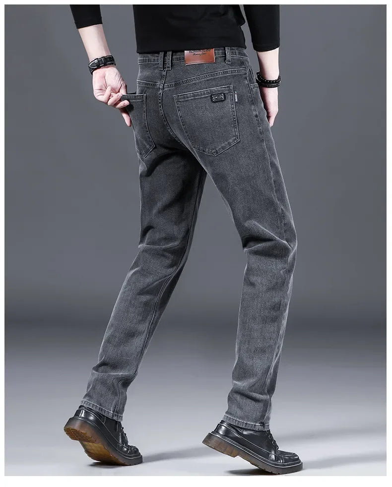 Loose Casual Jeans for Men Mid-aged Thick Winter Long Pants Business Style Straight Leg Spring Autumn Korean Version