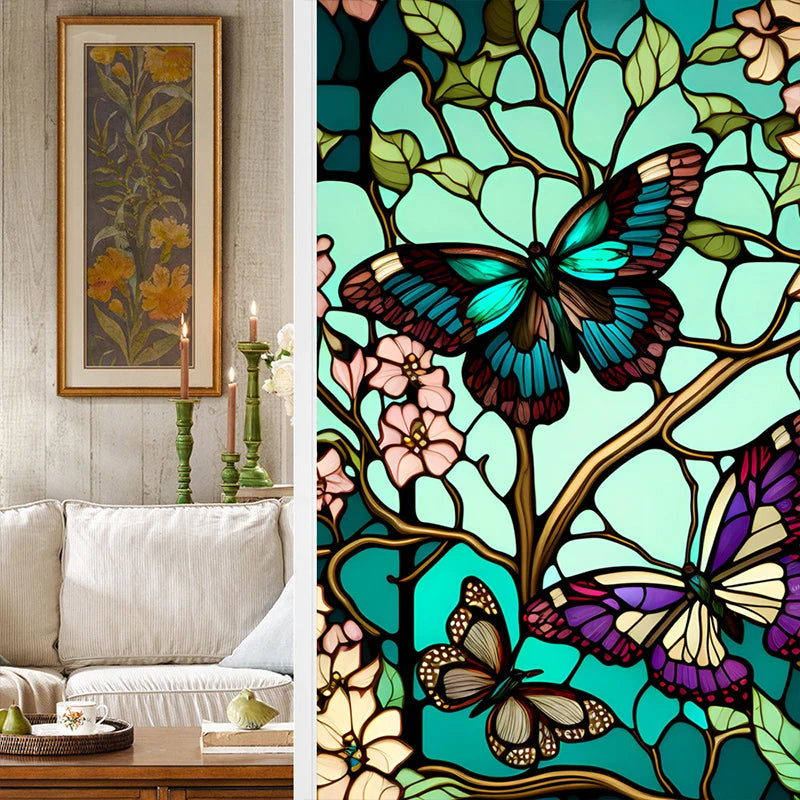 Colorful Retro Flower Bird Window Film PVC Electrostatic Glass Stickers Stained Window Films Static Cling Frosted Glass Film.