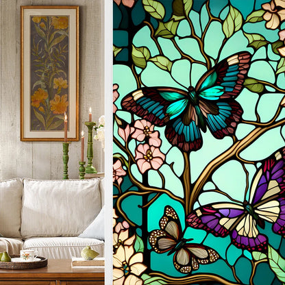 Colorful Retro Flower Bird Window Film PVC Electrostatic Glass Stickers Stained Window Films Static Cling Frosted Glass Film.