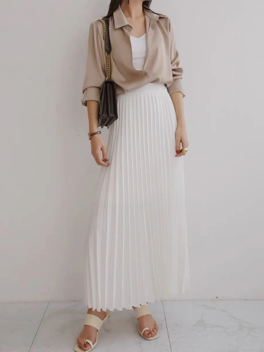 Brand Designer Women Spring Autumn Elegant Chic Solid Pleated Skirt High Waist Luxury Fashion With Elastic Female C-035.