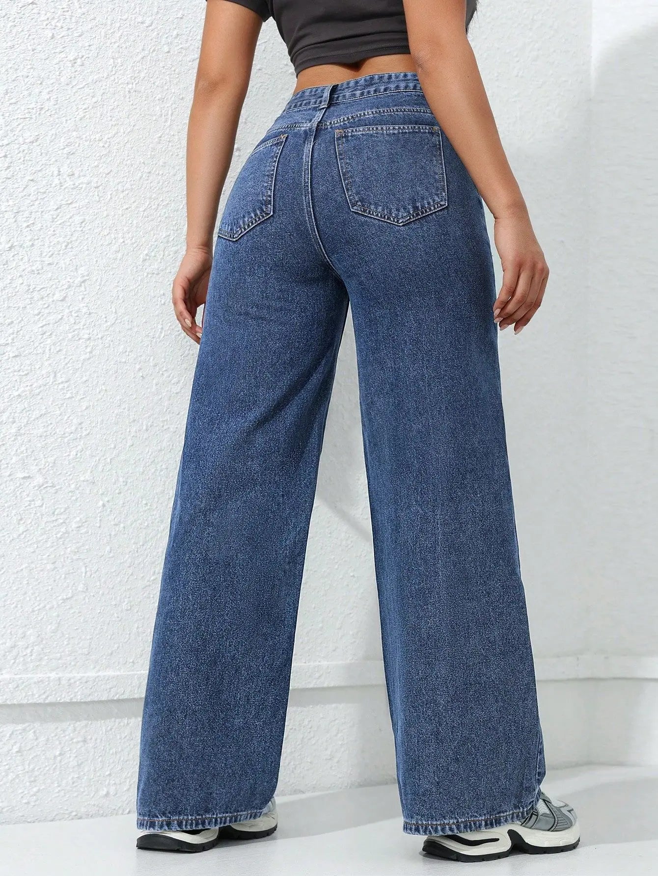 Retro Loose Wide Leg Jeans Fashion Women Solid Straight Wash High Elastic Waist Denim Pants Casual Streetwear Pocket Trousers.