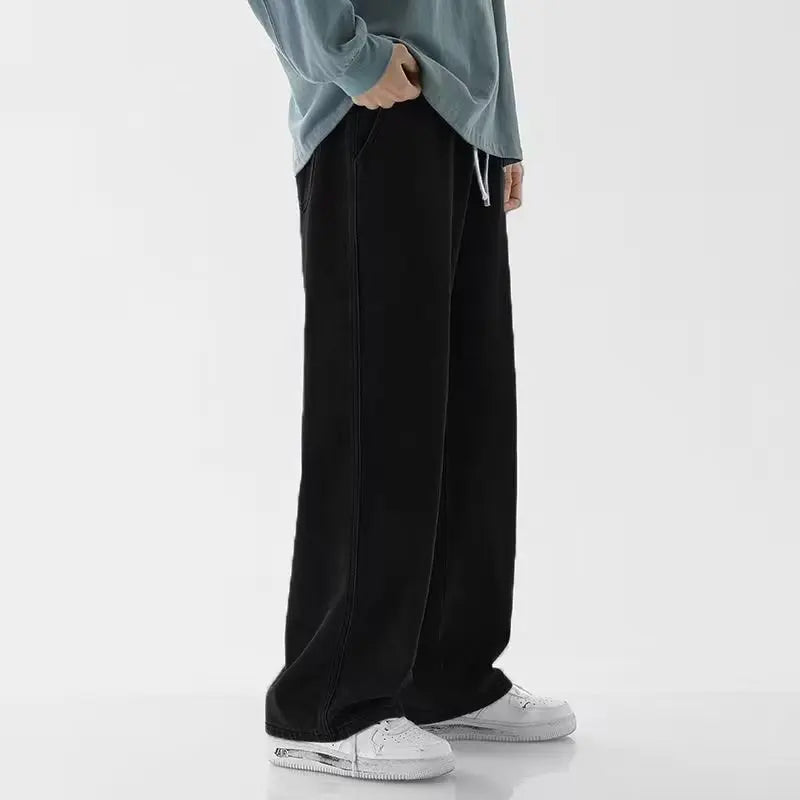 2025 New Korean Men's Casual Long Jeans Classic Man Straight Denim Wide-leg Pants Gyms Solid Color Light Blue Grey Black M-3XL.