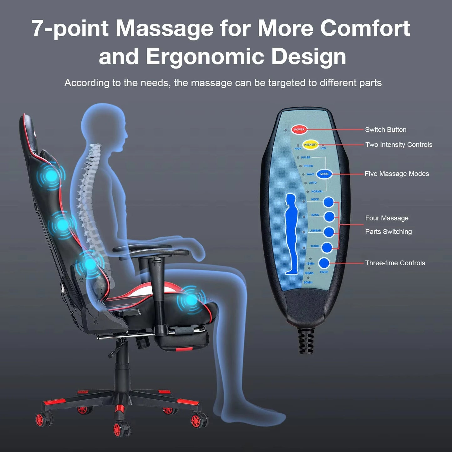 Massage-Gaming-Stuhl, 7-Punkt-Sitzhöhe, ergonomischer Bürostuhl mit Fußstütze und Lordosenstütze, GC-RC03 Stühle