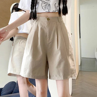 2025 Summer Women Casual Daily Khaki Short Pants Female High Waisted Cargo Shorts Girls Retro Baggy Wide Leg Slacks.
