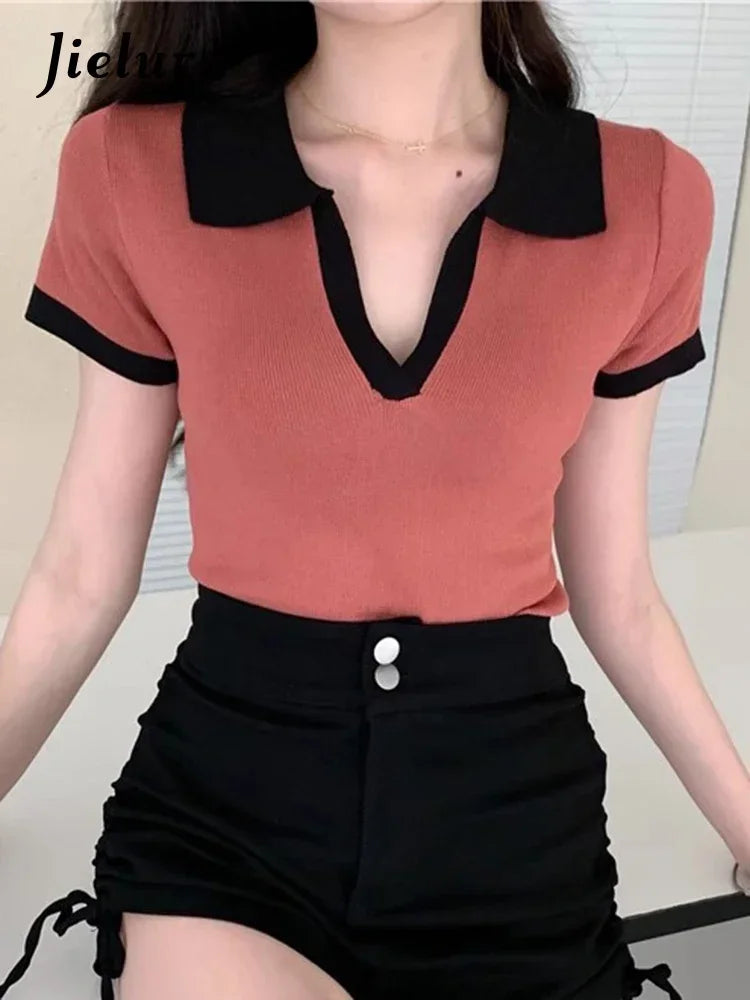 Jielur Spell Color Polo Knitting Women's Blouses Slim Sexy Short Sleeve Summer New Casual Female Blouse Chic Simple Office Lady