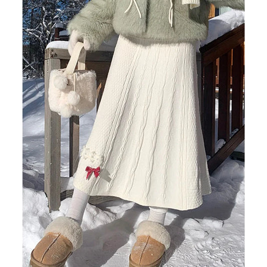 Clothes for Women Autumn Winter Japanese Style Kawaii Sweet Chic Knitted Skirts Female High Waist Solid Loose A-line Midi Skirt.