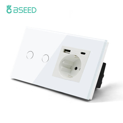BSEED 1/2/3Gang Touch Licht Schalter 1Way Einfache Sensor Schalter Typ-c USB Steckdosen EU Standard glas Panel Blaue Hintergrundbeleuchtung 10A Weiß.