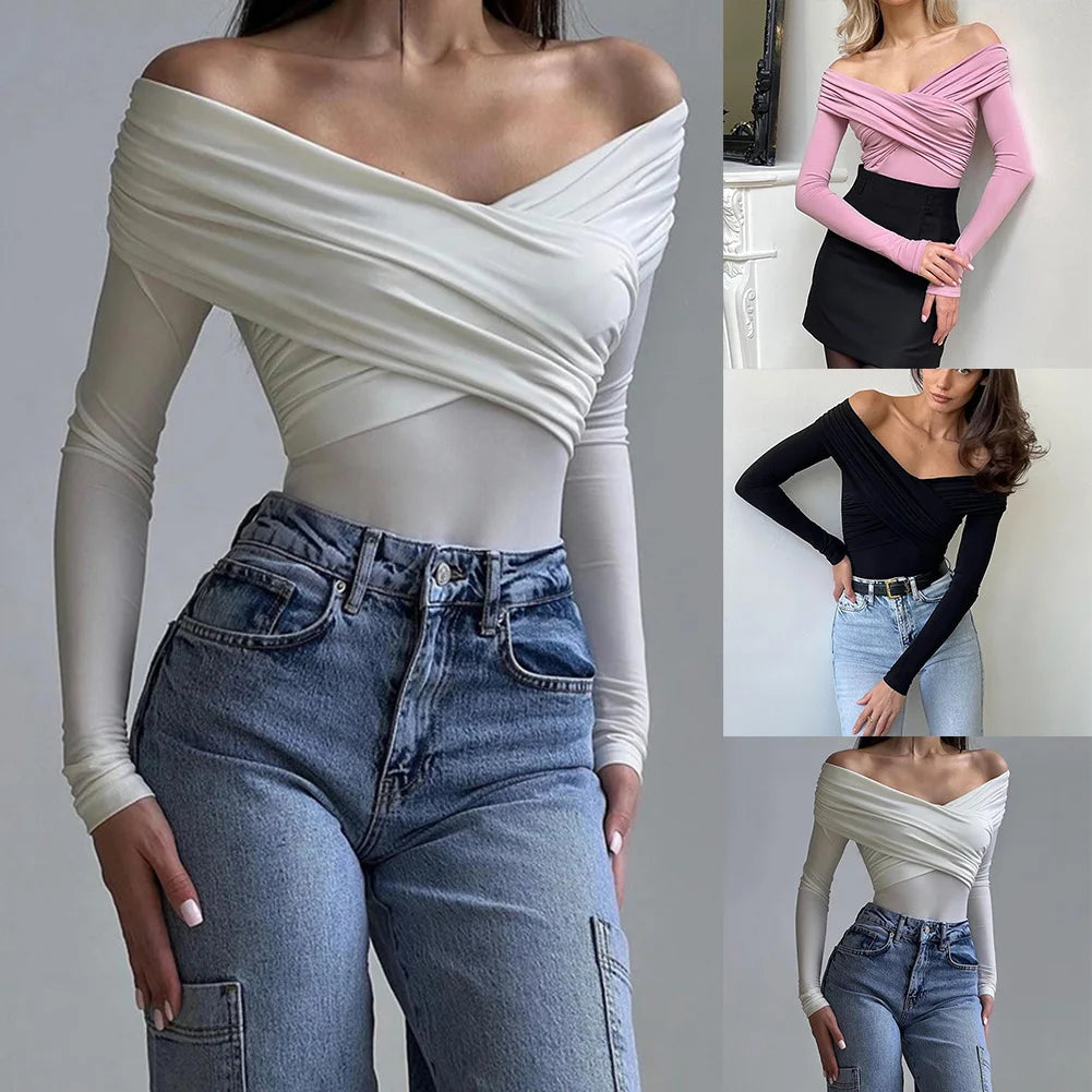 Casual Daily Wear Top Fashiontop Slim Fit Bodysuit Off-shoulder Top Brand New Condition Cross Design Four Seasons Wear.