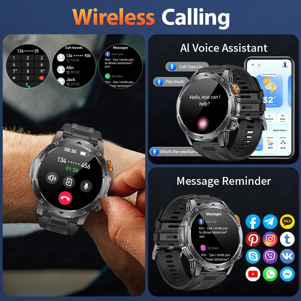 LIGE 2025 New For HUAWEI Xiaomi 1000mah AMOLED Smart Watch Men Sports Fitness LED Flashlight 3ATM Waterproof BT Call Smartwatch.