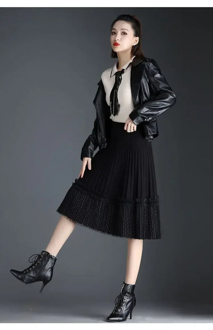 Korean Fashion Autumn Winter Women Solid Elastic High Waist Lace Patchwork Simplicity Mid-length A-line Pleated Knitted Skirt