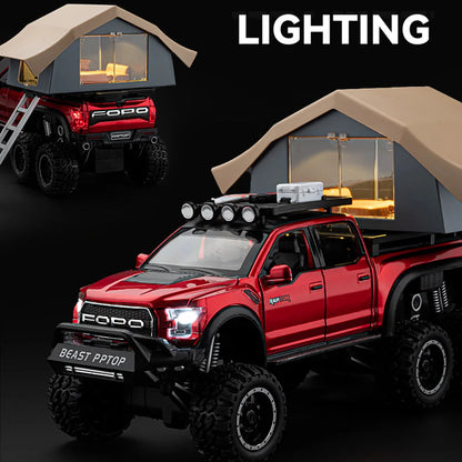 1/24 Scale Raptor F150 Alloy Cars Models Toys 6 Doors Opened Camping RV Diecast Model Light Sound Vehicle for Boys Birthday Gift.
