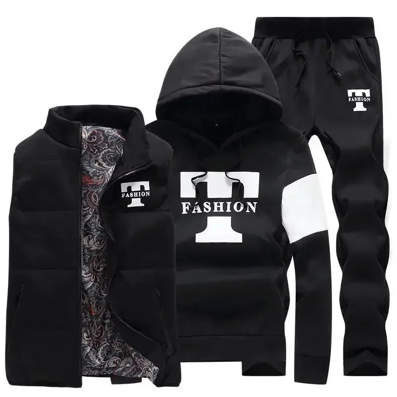 3 Pieces Set Hoodies+Vest+Pants Casual Men's Track Suit Clothing Coats Winter Thick Warm Tracksuit for Men Printed Mens Set Vest.