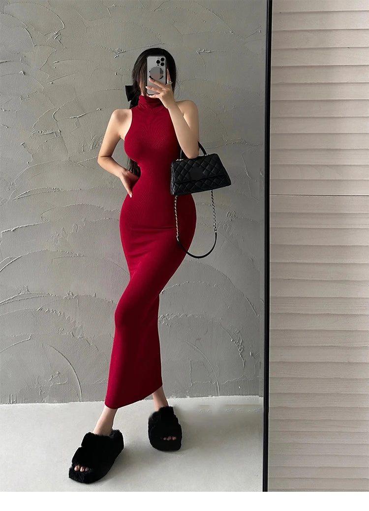 Rot Dünne Sexy Rollkragen Midi Kleid Frauen Abend Party Damen Elastische Hüfte Wrap Elegante Bodycon Kleider Y2k Kleidung.