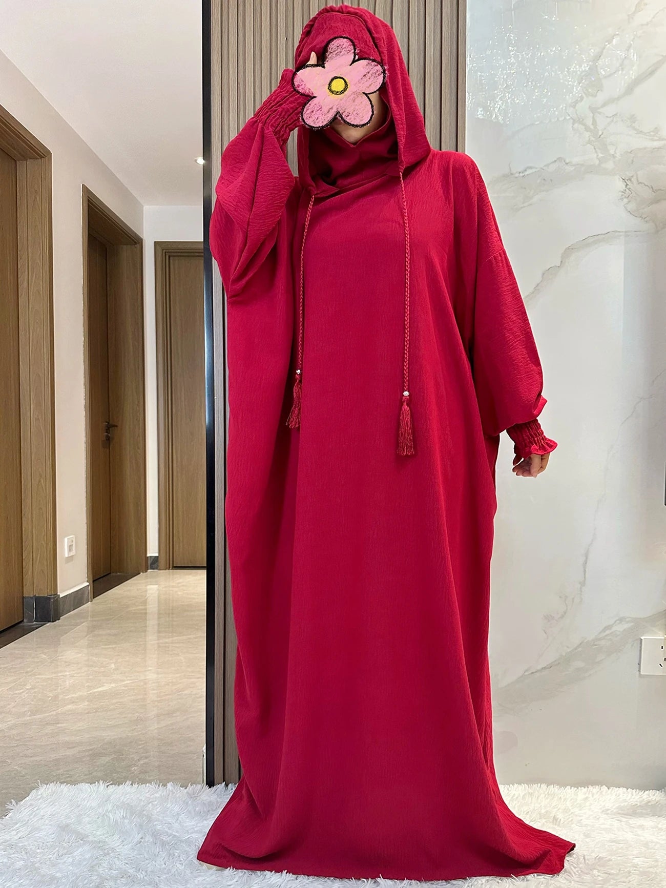 Muslim Abaya Solid Cotton Pullover Two Hat Women Eid Hooded Long Maxi Dress Turkey Kaftan Arab Robe Islamic Hijab Dubai Clothing.