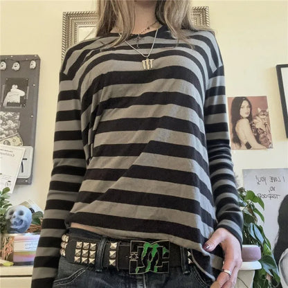 Y2k Teen Striped Long Sleeve T-Shirts Fairy Grunge Print Baggy Tops Vintage Harajuku 2000s E-Girl Shirts Vintage Streetwear.