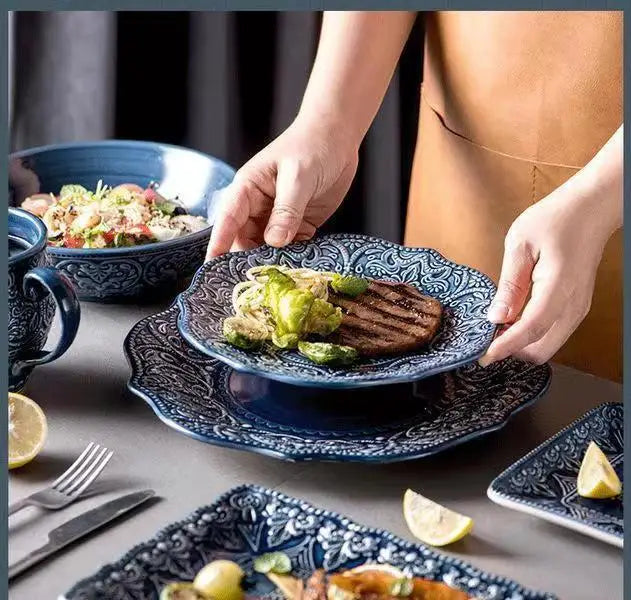 1pcs Western Dinner Plates Ceramic Dishes Tableware Dinnerware Steak Dessert Noodle Cup Serving Baroque Northern Europe.