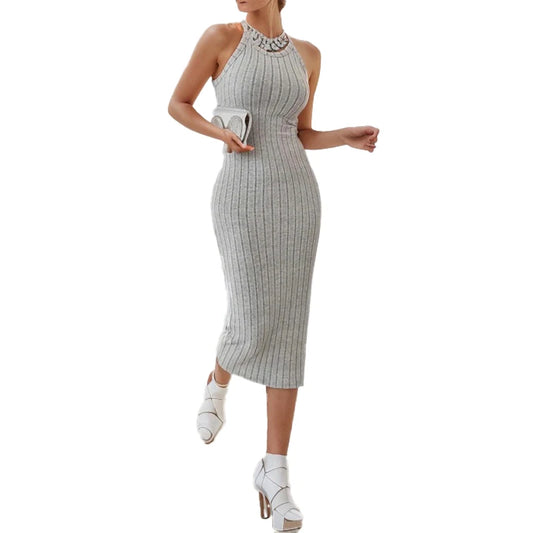 Solide Neckholder Bodycon Midi Kleid High-end-temperament weste neckholder kleid frauen sommer neue high-taille schlank temperament schlank
