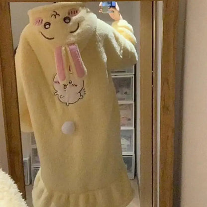 Kawaii Chiikawas Pajamas Coral Velvet Home Wear Long Length Nightgown Thick Cardigan Pant Cartoon Cute Girl Casual Home Clothing