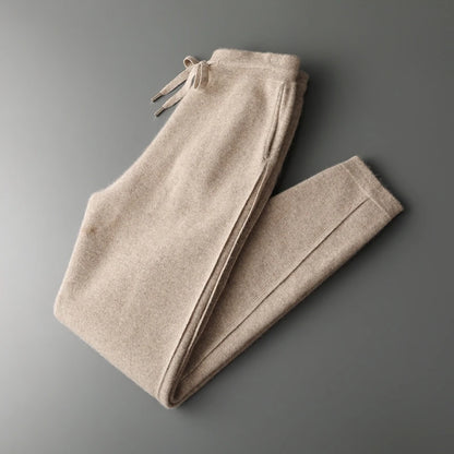 Thickened Four-Point Split Wear-Resistant 100% Cashmere Knitted Pants for Men with Pockets Elastic Waist Drawstring Slim Pants