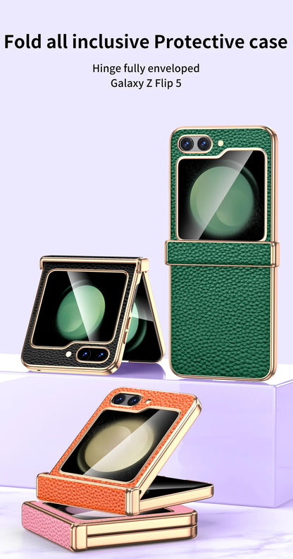 Cowhide Leather Phone Case for Samsung Galaxy Z Flip7 Flip6 Flip5 Flip 7 6 5 Luxury Hinge Protection Cover with Tempered Glass.