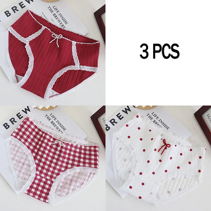 3pcs Cotton Women's Panties Sweet Cute Printed Student Mid-Waist Underwear Fashionable Breathable Girls Daily Briefs.