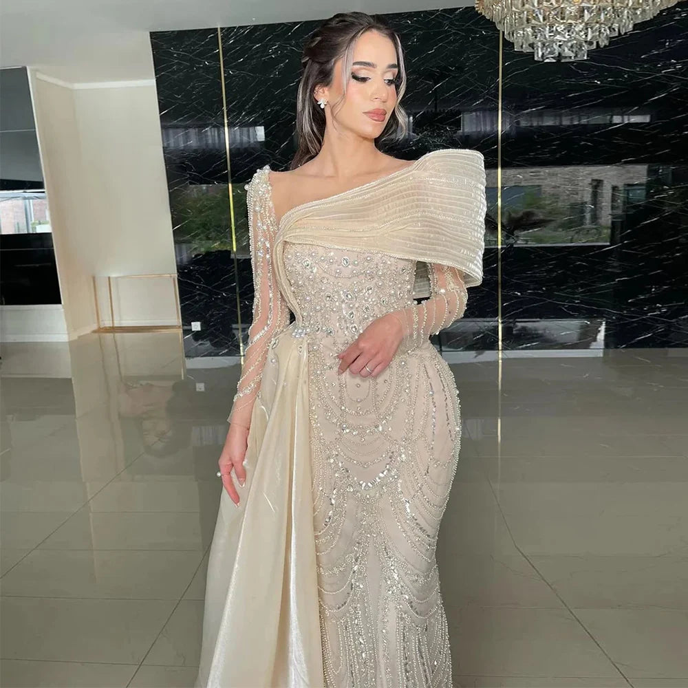 Saudi Arabia Luxury Evening Dresses Jersey Mermaid/Trumpet Celebrity Gown Ivory Off-the-shoulder Pearls Beading Prom Dress Long.