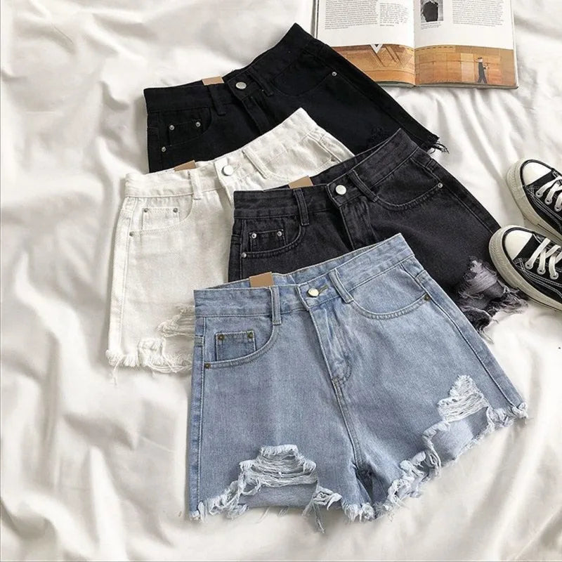 Korean Denim Holes Shorts For Women  Fashion High WaistWide Leg Short Jeans Female Designer Casual Street Short 2025 New Trend.