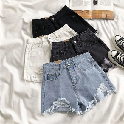 Korean Denim Holes Shorts For Women  Fashion High WaistWide Leg Short Jeans Female Designer Casual Street Short 2025 New Trend.