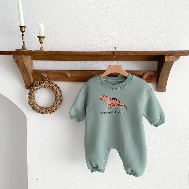 Neuankömmling Cartoon Dino Print Baby Neugeborenen Stram pler Säuglings mädchen Overalls Langarm Jungen Kleidung ein Stück.
