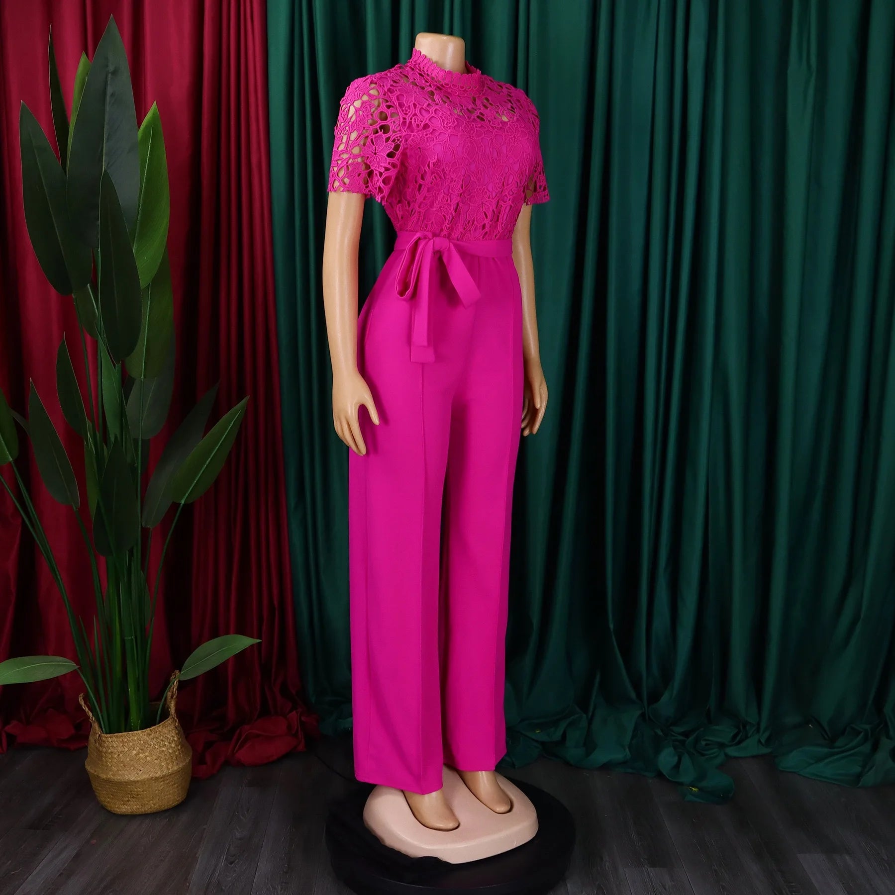 Elegant Jumpsuits & Rompers for Women O Neck Lace Patchwork Short Sleeve Sashes High Waisted Luxury Birthday Party Dinner Outfit.