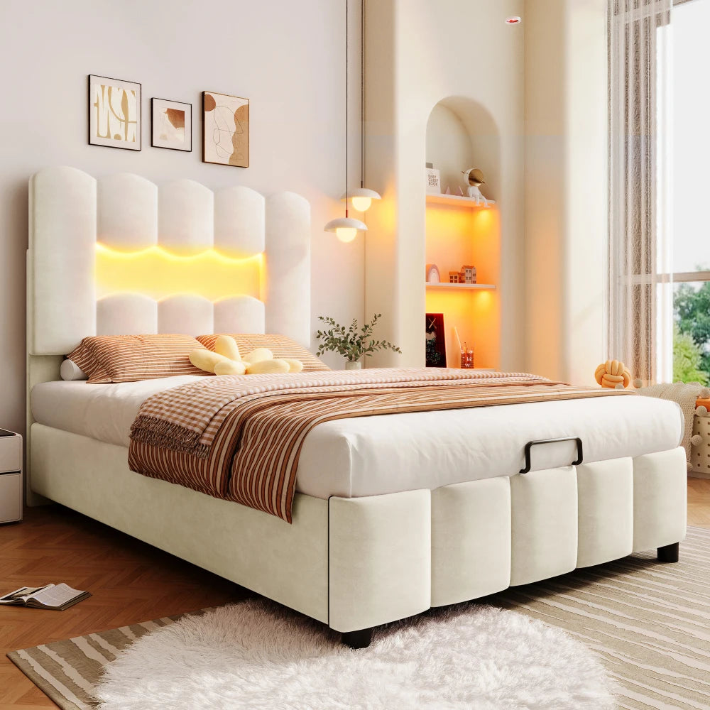 Modernes Polsterbett, 90 x 200 cm, ohne Matratze, LED-Beleuchtung, mit hydraulischem Gerät, verstellbarer Kopfteil, Samt, Grau