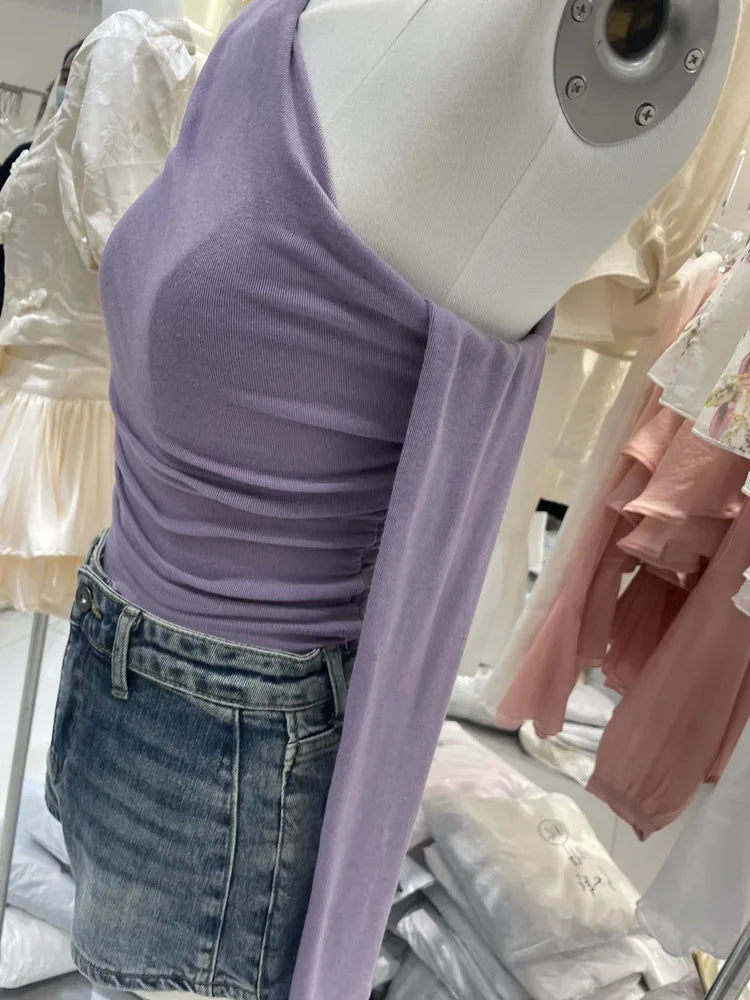 French Style Long Sleeve Slim Fit T-Shirt Women Early Autumn Design Sexy Short Length Beautiful Top Shoulder Bared Side Collar.