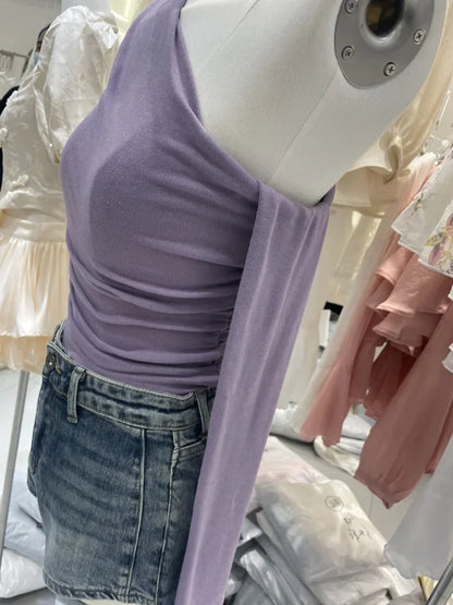 French Style Long Sleeve Slim Fit T-Shirt Women Early Autumn Design Sexy Short Length Beautiful Top Shoulder Bared Side Collar.