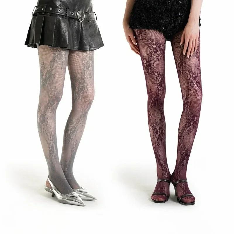 Classic Lolita Hollowed Out Lace Mesh Stockings Bottomed Pantyhose Japanese Lolita Retro Floral Rattan White Hosiery Hot Tights