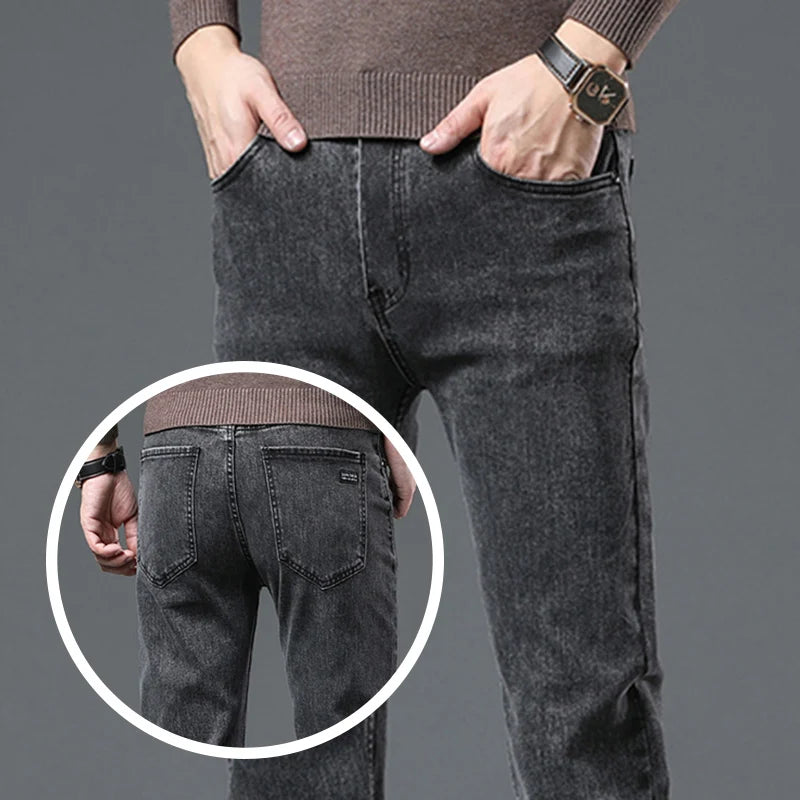 Men Business Denim Pants Male Classic Casual Straight Leg Slim Fit Trousers Elastic Solid Smoke Gray Pants.