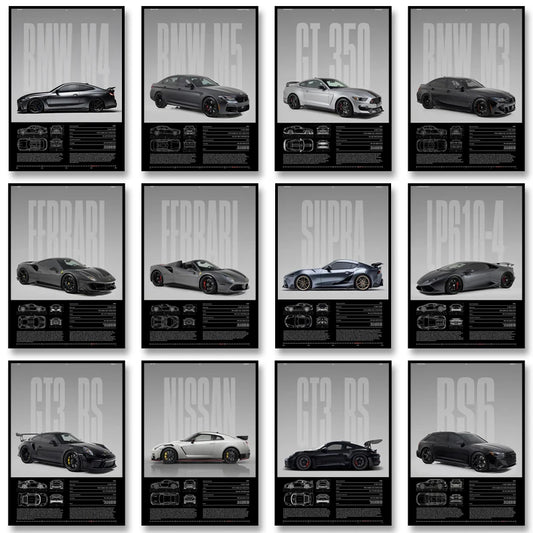 Black & White Famous Cars Posters Classic Car Photography Print Man Cave Canvas Painting Wall Art Pictures for Home Decoration.