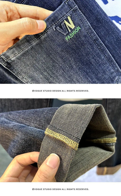 Men's Slim Straight Jeans Fashion Korean Autumn Trousers Comfortable Elastic Black Blue Fitted Business Casual Denim Pants.